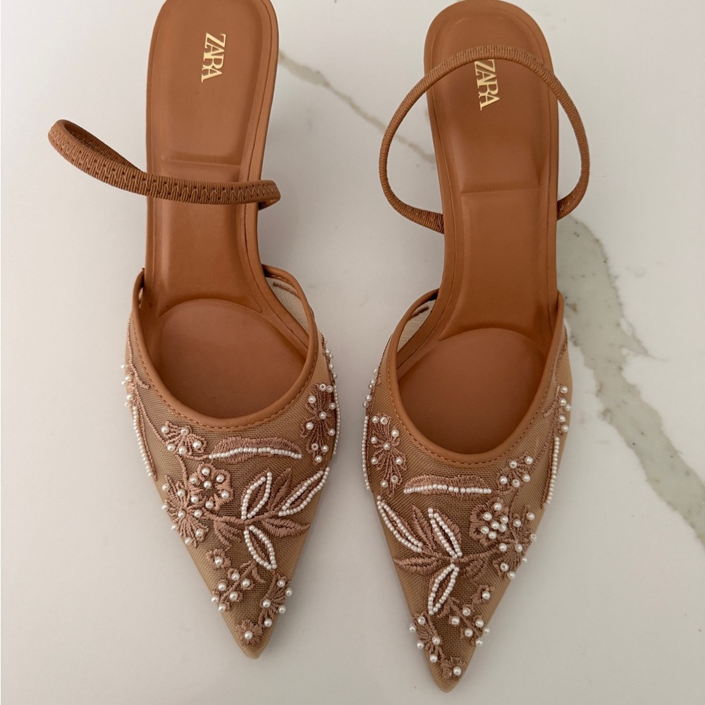 Zara Beige Floral Embroidered Heels - Picture 5 of 5